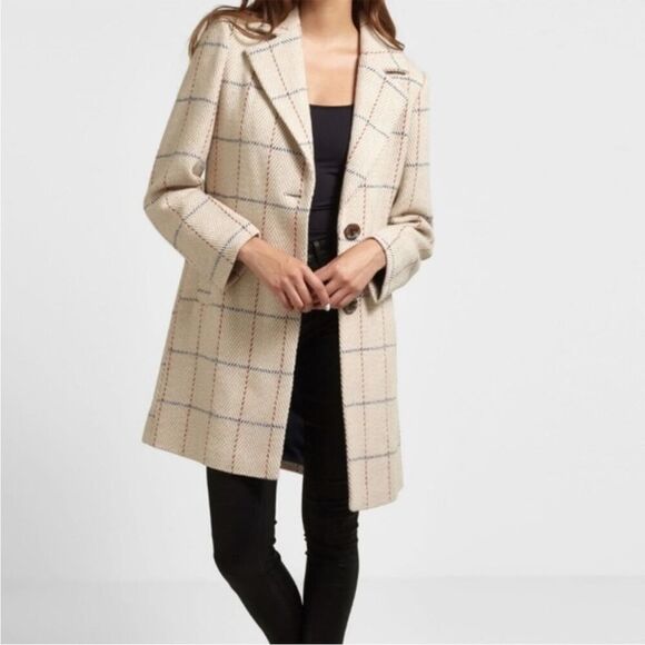 SAM EDELMAN Coat Womens Sz 4 Beige Wool Plaid Single Breasted Walker Pea Jacket - Picture 2 of 15